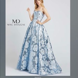 Mac Duggal 66947 brocade strapless ballgown aqua